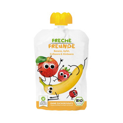Glutenfreie Bananen-Apfel-Erdbeer-Himbeer-Mousse ohne Zuckerzusatz ab 6 Monaten BIO 100 g - Freche Freunde